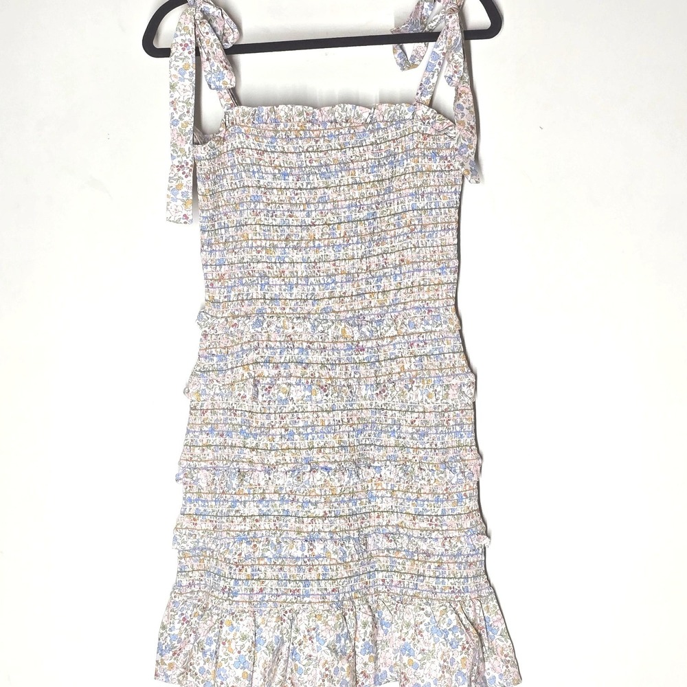 Storia Anthropologie Floral Smocked‎ Ruffle Tier Mini Dress Tie Shoulder Size L